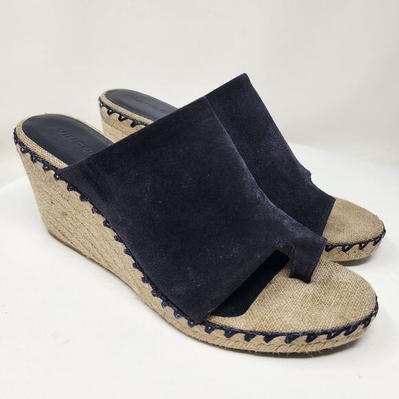 Vince Sutherland Espadrille Wedge Women 9M Navy Blue Suede Toe Strap Slip-on - Picture 1 of 12